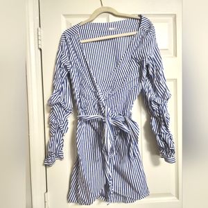 Blue and White Striped Wrap Dress